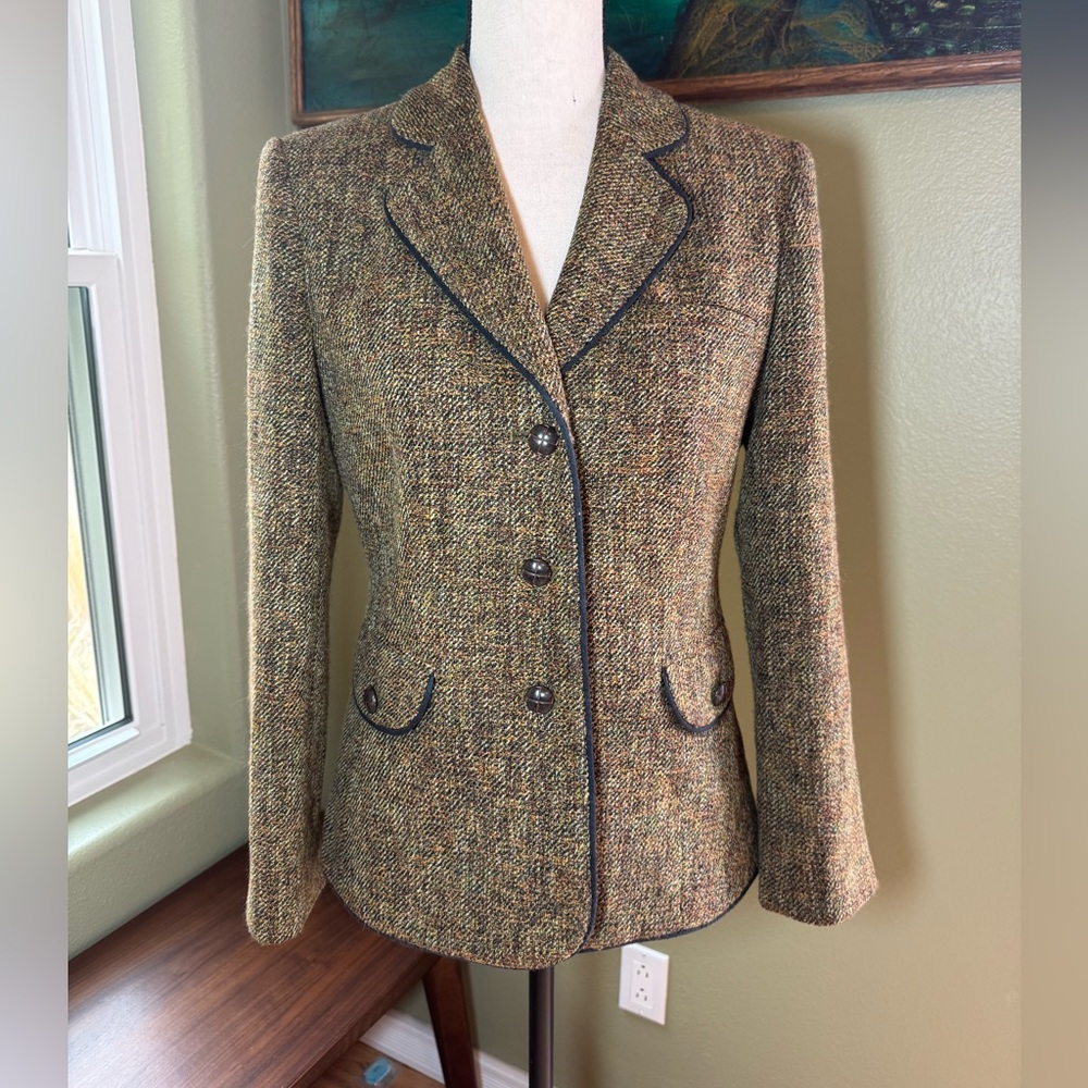 Talbots Tweed Blazer in Olive-Gold Mix with Brown Piping